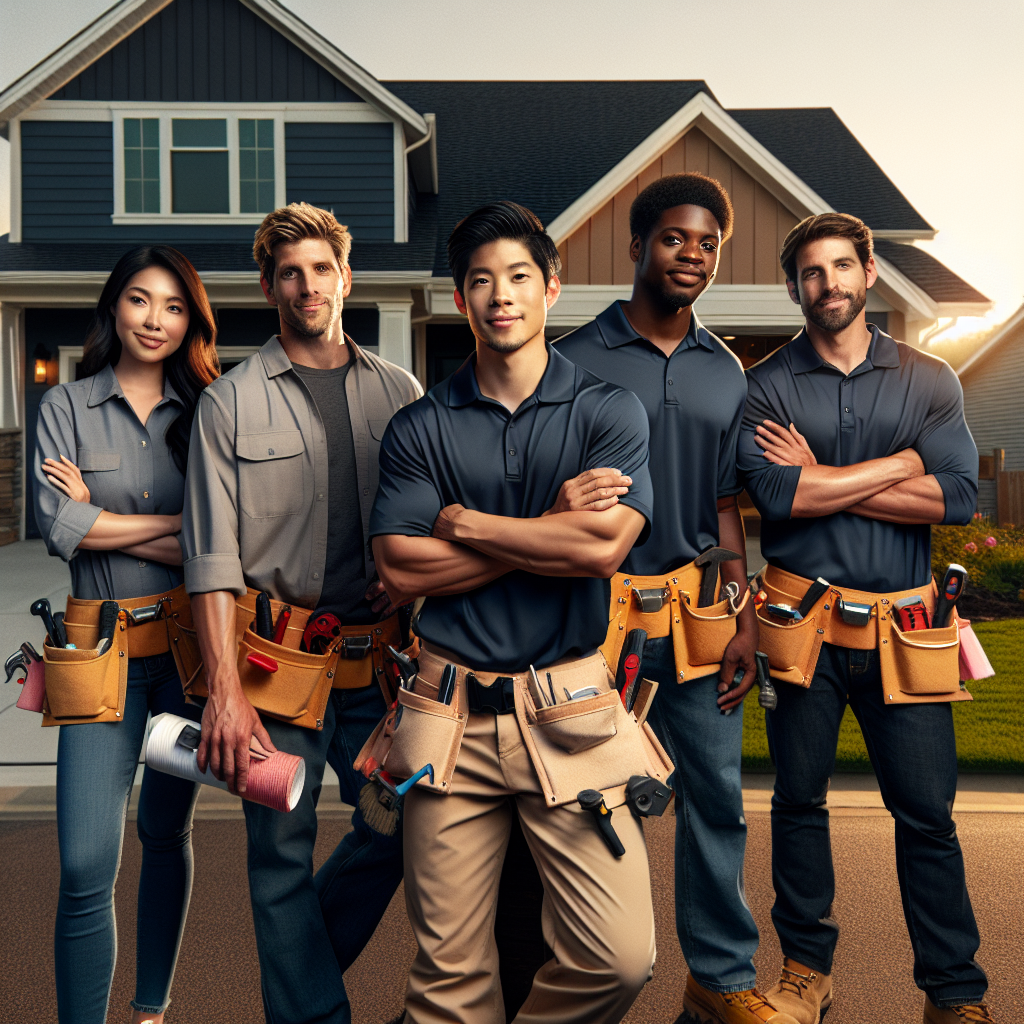 Home improvement contractor crew posing confidently in front of a completed roofing and siding project