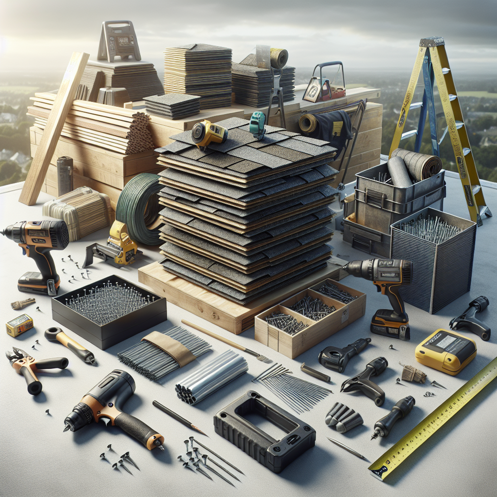 Professional roofing materials and tools arranged on worksite including architectural shingles and measuring equipment