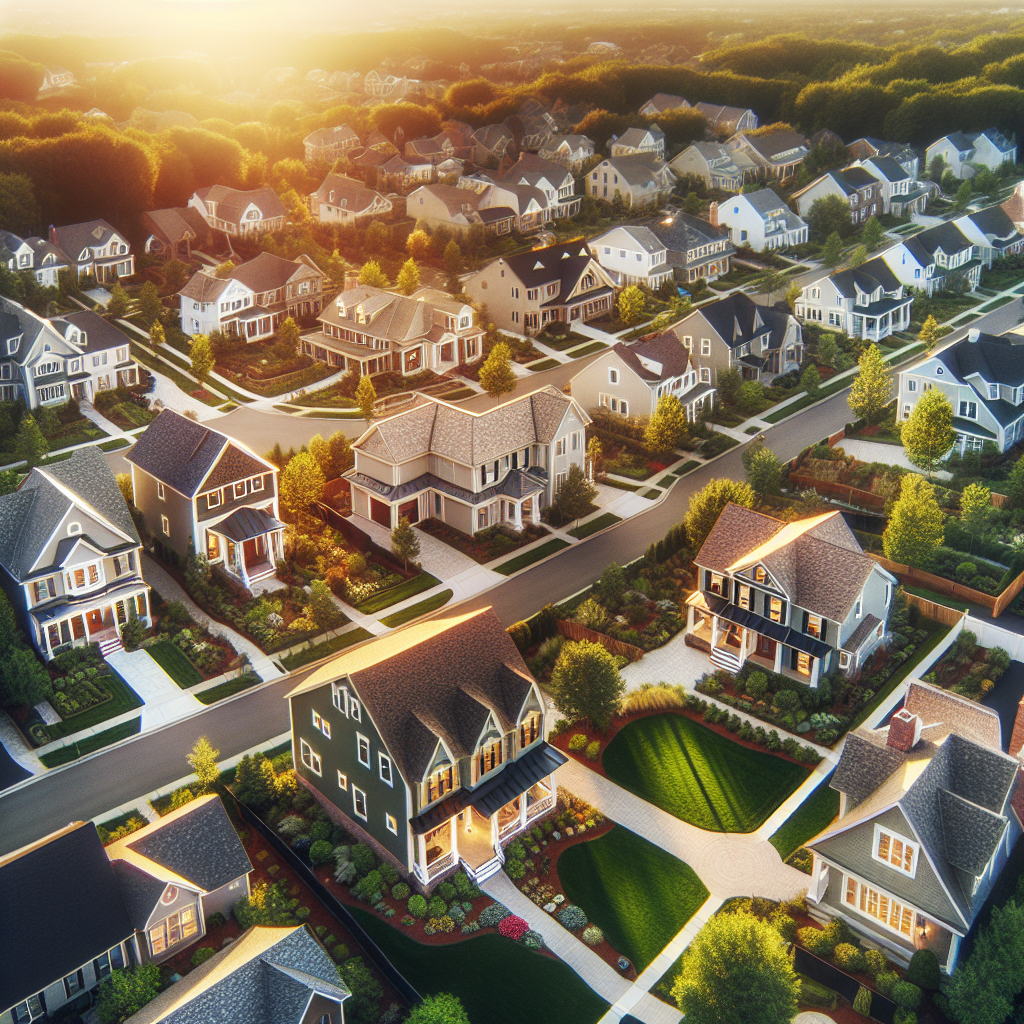 Aerial view of residential neighborhood with beautifully maintained homes showcasing quality roofing and siding work