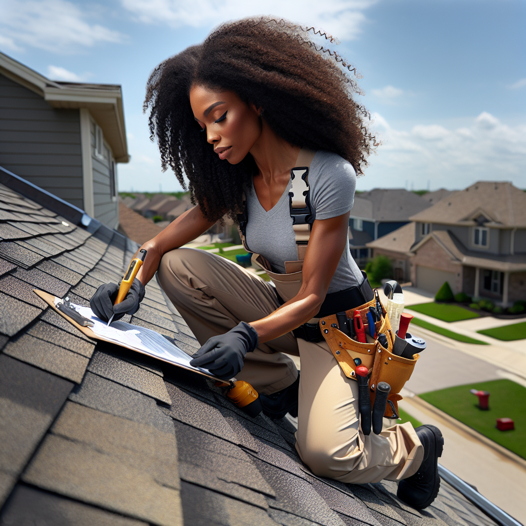 Roofing contractor performing a detailed roof inspection on a residential home