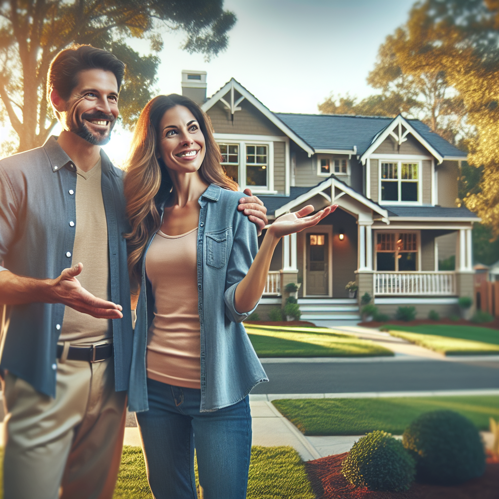 Happy homeowner couple standing in front of their beautifully renovated home with new siding and roof