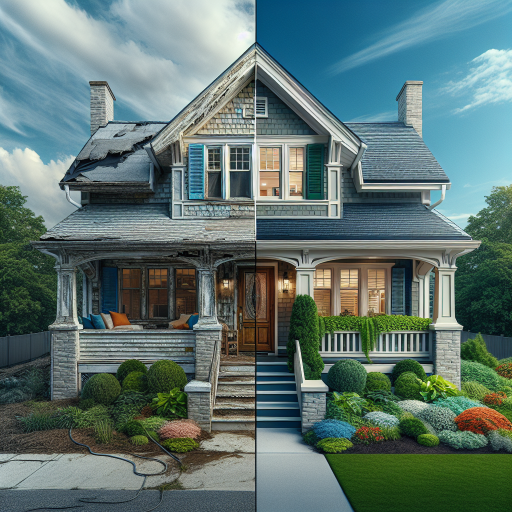 Before-and-after home transformation showing weathered exterior renovated with new premium siding and pristine roof